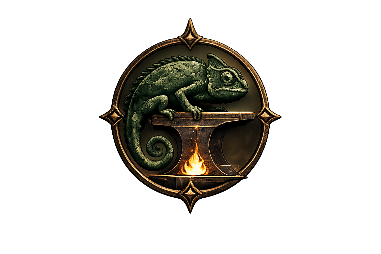 Chameleon Forge emblem featuring a chameleon on an anvil